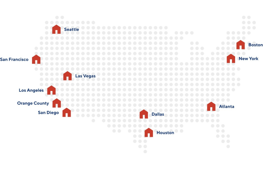 A map of US cities in which East West Bank has locations.